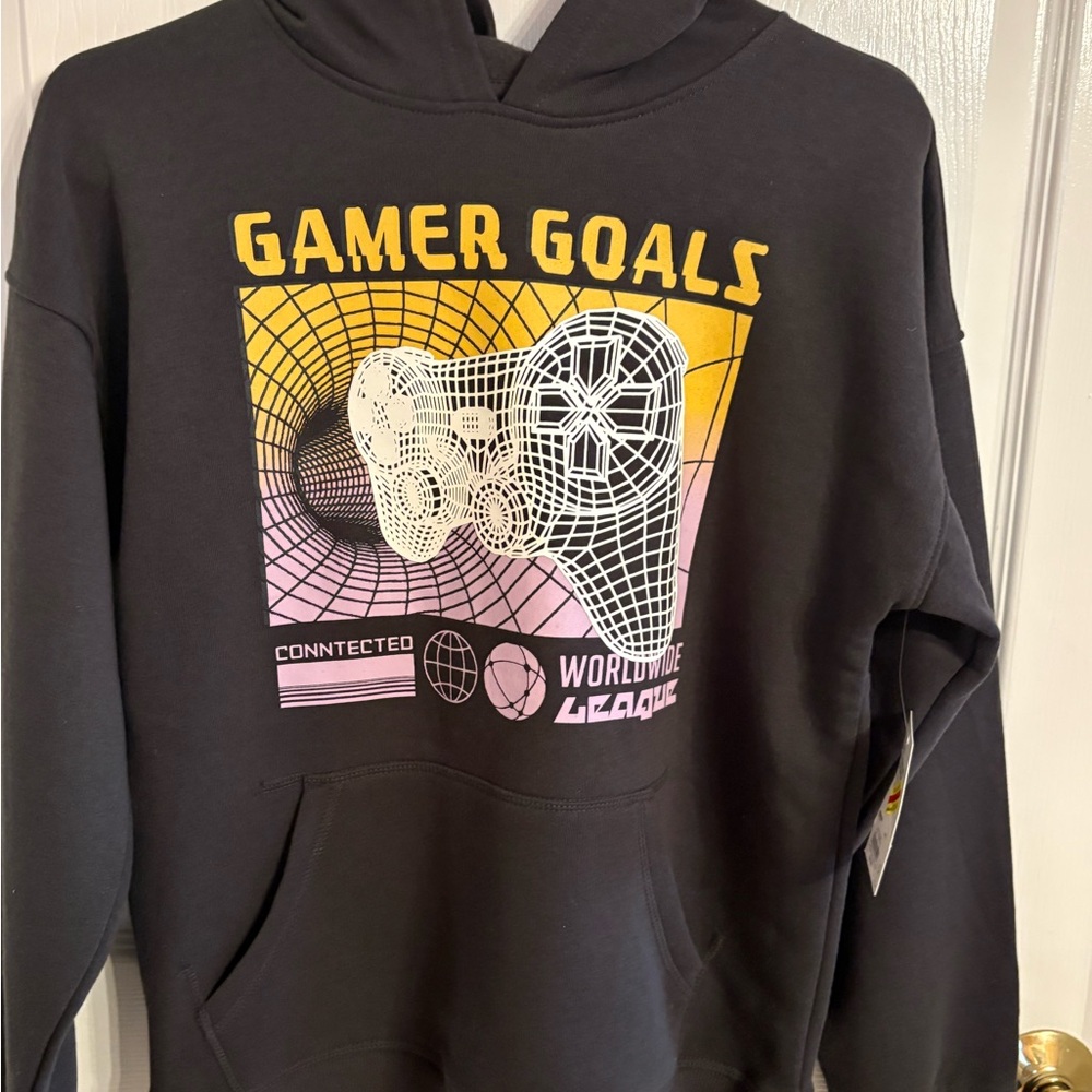 Big kids Sonoma Gamer Goals Black Hoodie with Yellow and Pink Accents